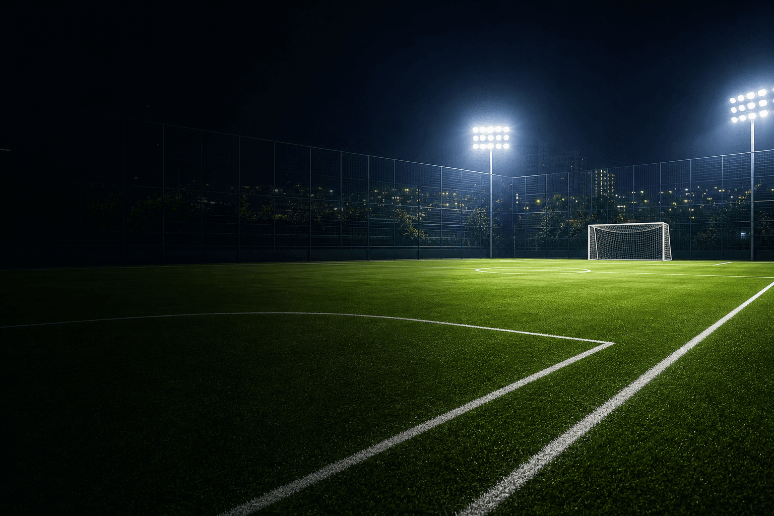 Floodlit football turf ready for a night match